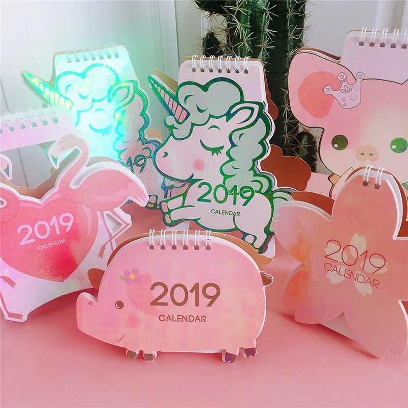 2019 Cute Unicorn Flamingo Pig Laser Mini Table Desktop Calendar Agenda Organizer Daily Schedule Planner 2019.10~2019.12