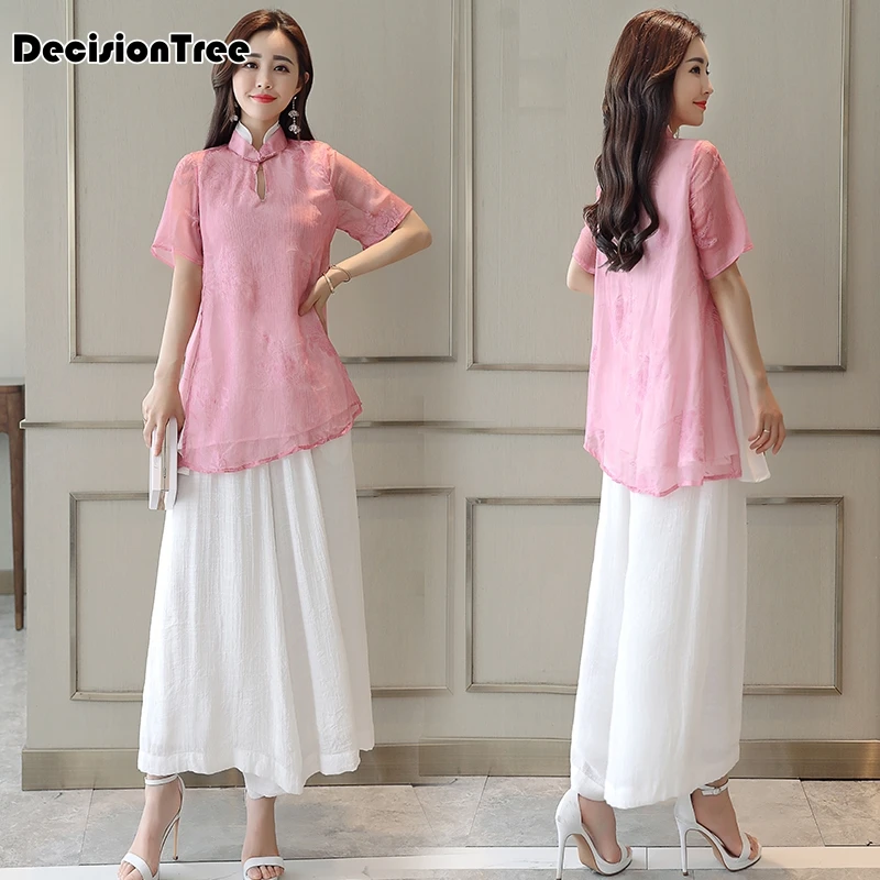 

2019 summer folk style vietnam robes chiffon aodai graceful dress stand collar elegant traditional clothing floral aodai