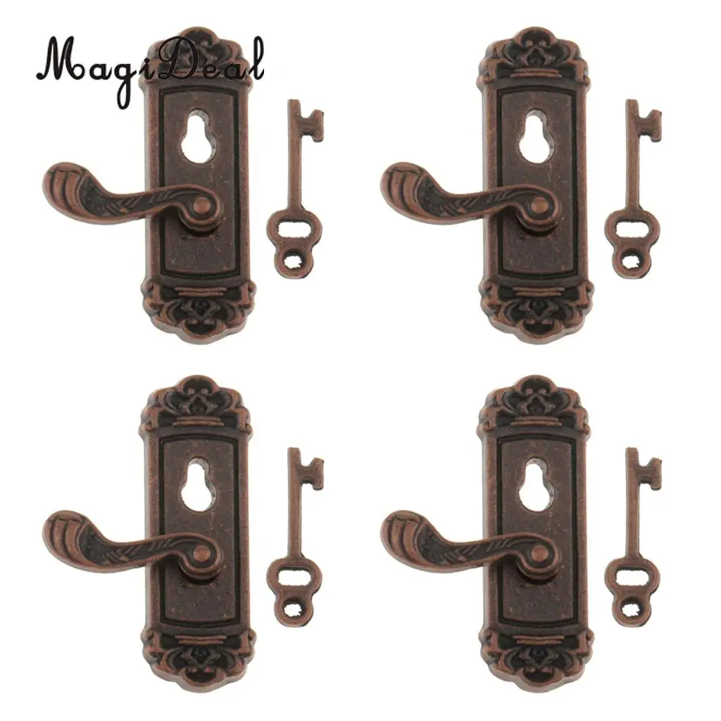 4Pcs Metal 1:12 Scale Door Knob Right Handle Key Dollhouse Miniature Doors DIY Furniture Accessory Toys