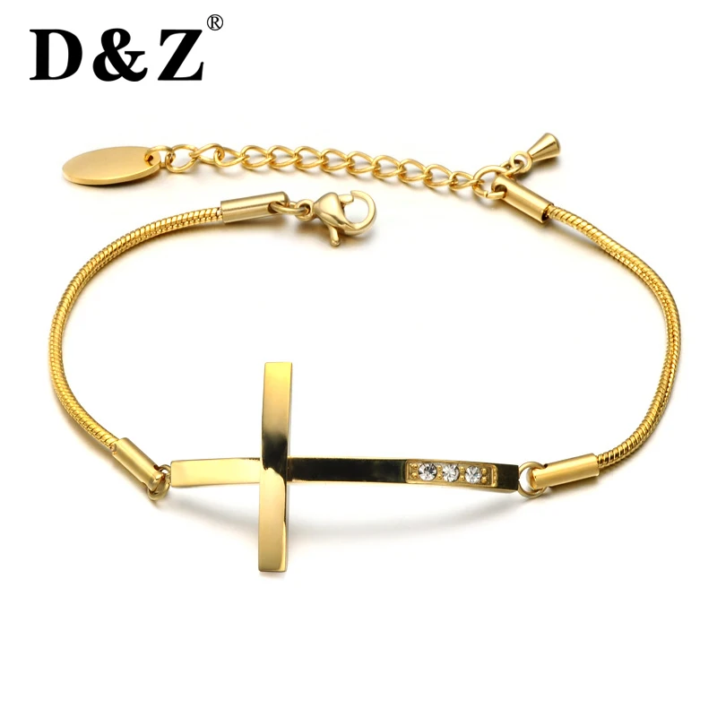 

D&Z Trendy Gold Cross Bracelet Religious Stainless Steel Zircon Charm Free Engraving Bracelets & Bangles for Women Jewelry