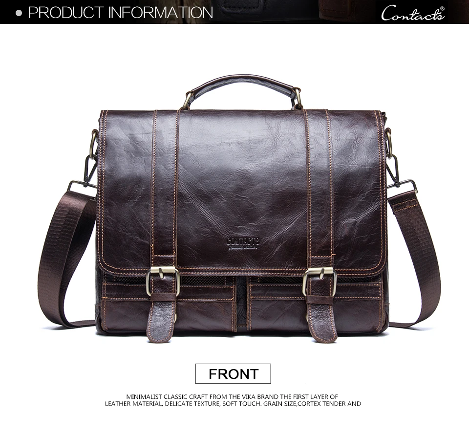 CONTACT'S натуральная кожа деловая вместительная сумка портфель для ноутбука 13 инч, черного цвета повседневная сумка для мужчин