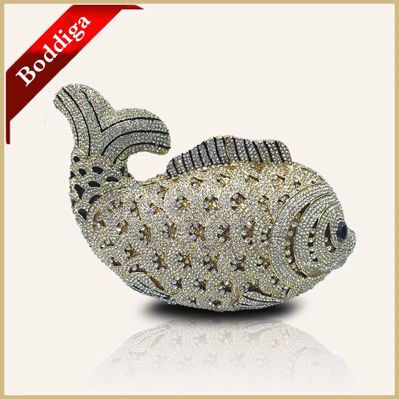 

2015 New Clutch bag Fish Shape Luxury Diamond Evening Bag Light Gold Handbags Party Wedding Prom Purses Wallet