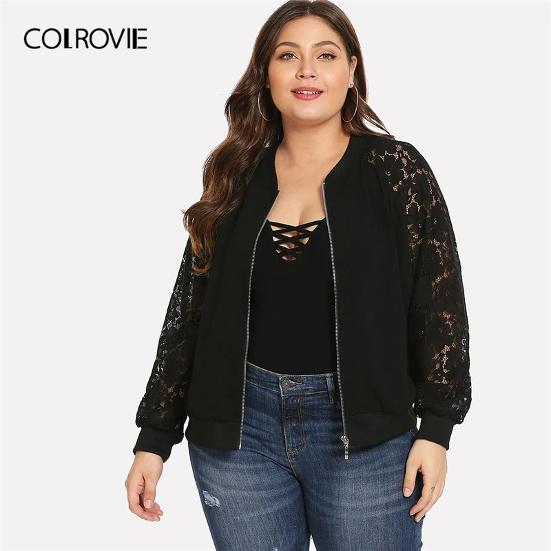 COLROVIE زائد حجم أسود حامل طوق الزهور الدانتيل إدراج منفذها أنيقة سترة معطف النساء ملابس علوية بأكمام طويلة للربيع عارضة السيدات معاطف