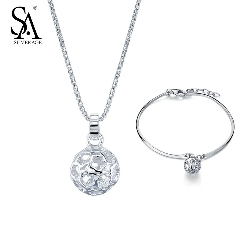 

SA SILVERAGE 925 Sterling Silver High Quality Howlite out Ball Pendant Necklace Bracelets Jewelry Sets For Women Link Necklace