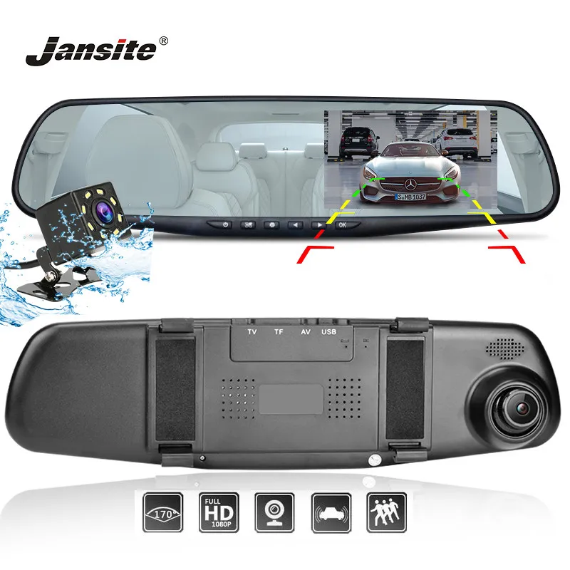 

Jansite 4.3" Car DVR Dash cam Dual Lens Car Camera Video Recorder Rearview mirror with Eight light Rear camera Auto Registrators