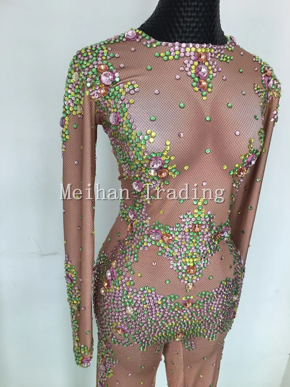 2017 Newest Nude Colorful Rhinestones Bodysuit Nightclub Dance Wear Jumpsuits Long Sleeve Bodysuit Costume Female Party Wear
