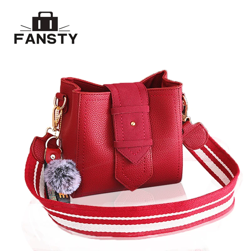 

Retro Small 2018 New Pu Leather Style lady Wide Strap Bucket Shoulder Bag Fur Ball Female Messenger Bag Cross Body Bags