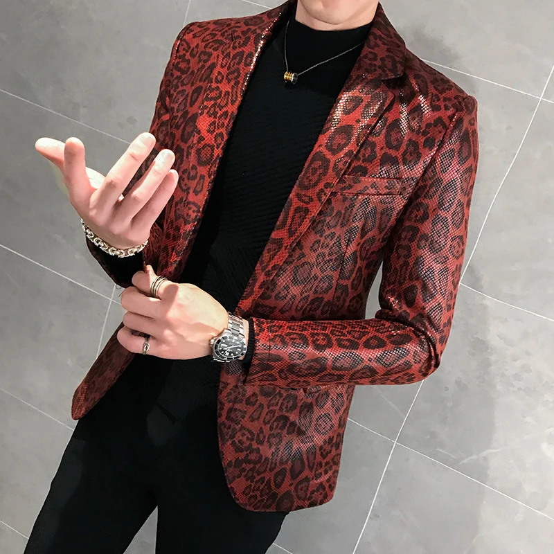 Autumn Leopard Print Mens Blazer Skin Suit Jacket Leather Stage Costumes For Singers Loose Coat Blaser Homens Terno Masculino