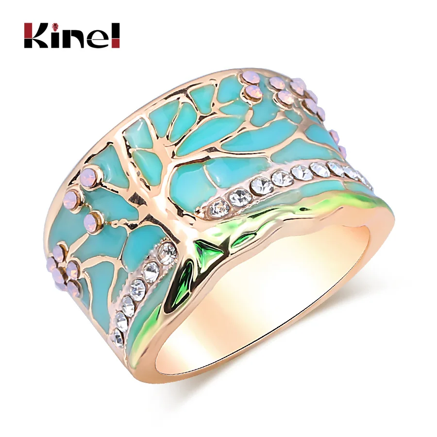 Kinel,, кольцо с цветком и деревом, модное, золотое, розовое, Опаловое, зеленое, эмалированное, широкое кольцо для женщин, вечерние, с кристаллами, винтажное ювелирное изделие, новинка - Цвет основного камня: Зеленый