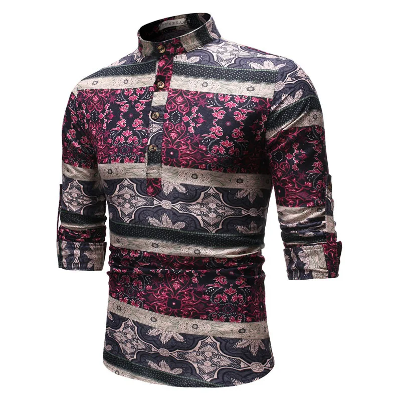 

men's spring/autumn printed long-sleeved casual linen shirt with stand-up collar, European size Pullover Stand Casual Shirts