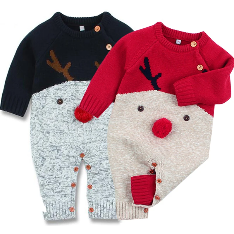 Рождественский детский вязаный комбинезон; осенне-зимняя одежда для новорожденных; Детский комбинезон с рождественским оленем; комбинезон для мальчиков и девочек; комбинезоны