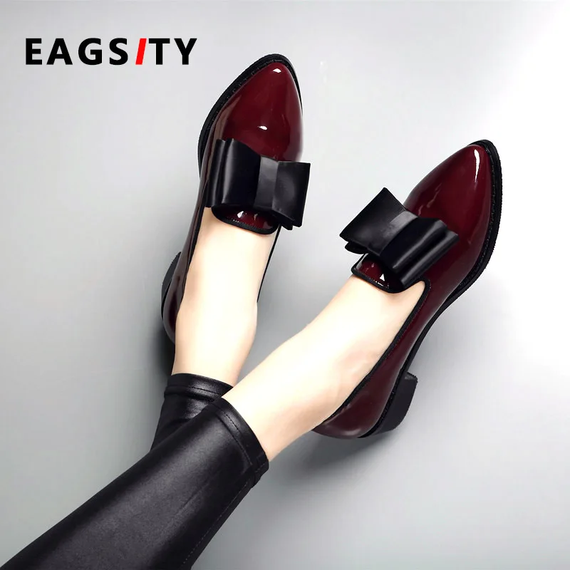 Slip On Shoes With Bow EAGSITY Patent leather pointed slip on bow tie knot women loafers
