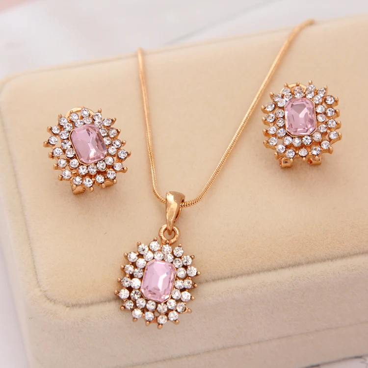 

Luxury Square Rhinestone Wedding Jewelry Sets For Bridesmaids Full Crystal Long Chain Pink Stone Necklaces& Pendants Earring Set