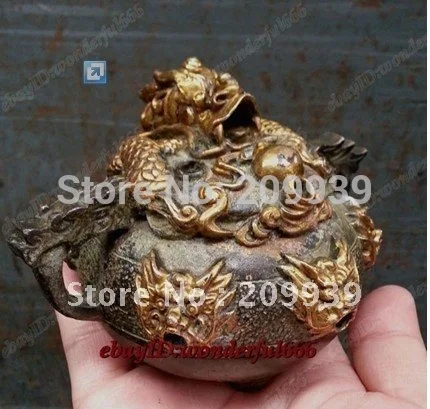 

chinese Collection Ancient Bronze Excavated Statues gilded dragon Incense Burner