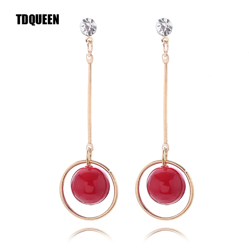 

TDQUEEN Long Stud Earrings For Women Rhinestone Red Beads Vintage Silver Golden Matel Simple Design Statement Earrings Jewelry