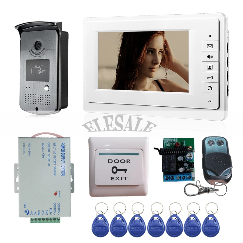 

New 7" Video Door Phone Intercom System RFID Access Control Entry Remote Control Power Supply 7 Keyfobs Exit Button