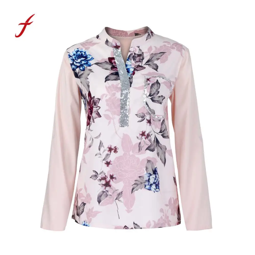 

Feitong Plus Size V-Neck Top Shirts Summer Long Sleeve Floral Print Blouse Women Sequined Pullover Tops Loose Casual Blouse /PY