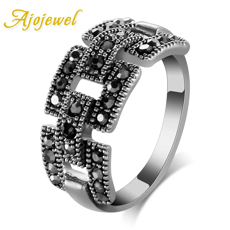 CZ Female Retro Vintage Link Ring Black For Women Size 7,8,9 Finger Ring