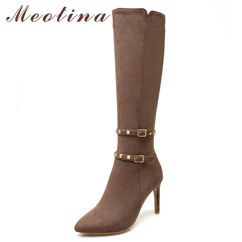 

Meotina Winter Knee High Boots Women Rivets Zipper Thin Heels Long Boots Buckle Extreme High Heel Shoes Lady Autumn Plus Size 43