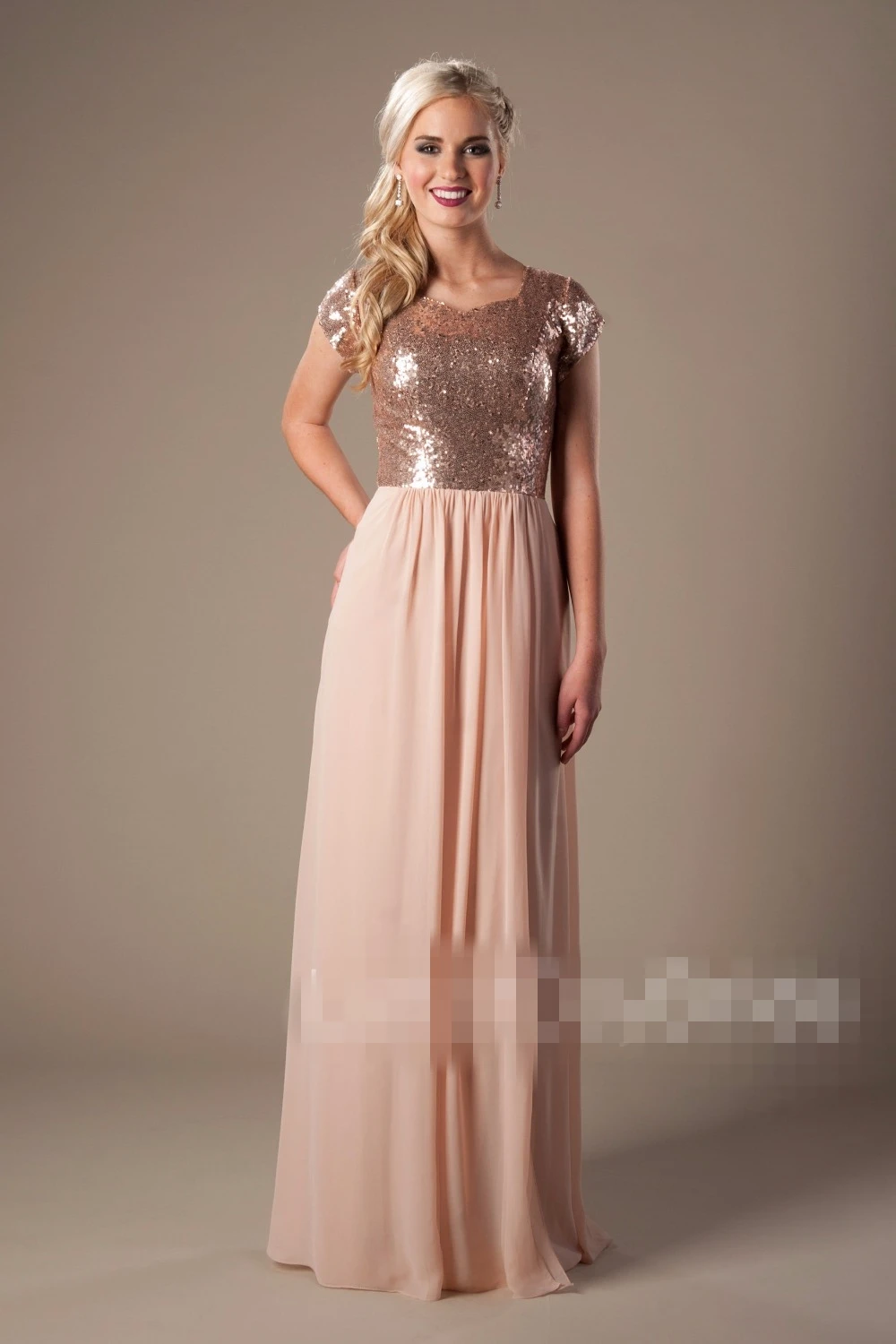 Rose Gold Chiffon Sequins Long Modest Bridesmaid Dresses