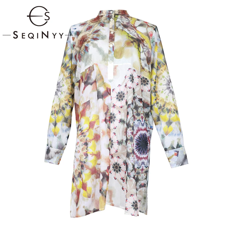

SEQINYY 100% Cotton Shirt 2019 Summer New Fashion Design Colorful Flowers Ink Printed Loose Straight Top