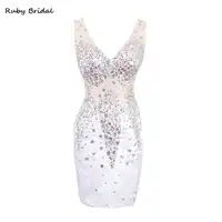 Ruby Bridal 2017 Luxury White Chiffon Colorful Crystals Evening Dresses Vestido De Festa Sexy Mini Backless Lady Prom Gown L078