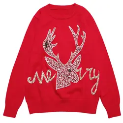 2018 модные осень-зима Для женщин свитера и пуловеры Повседневное свободные Рождественский свитер Олень Вышивка красные Топы