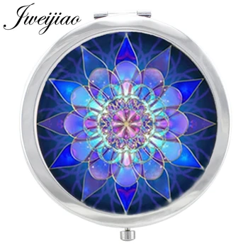 

JWEIJIAO Mandala Flower pattern Makeup Mirror Blue Purple Art image in Glass Cabochon Floding Round compact pocket Mirror espejo