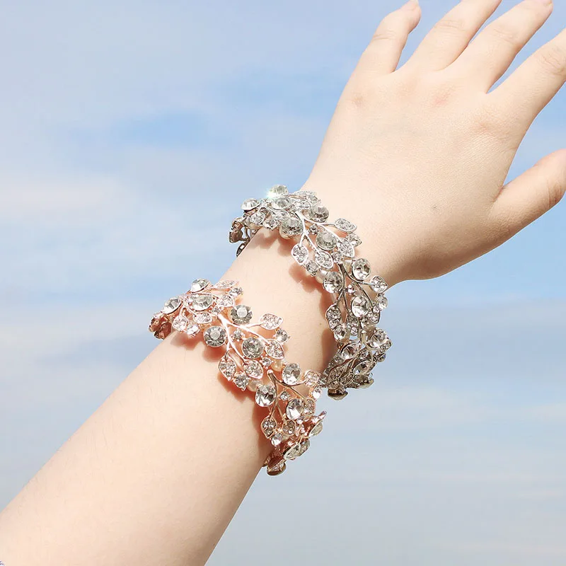 

SLBRIDAL Trendy Charm Stretch Crystal Rhinestones Pearls Leaf Fashion Women Bracelet Girls Bracelet Bridal Wedding Bracelet