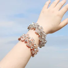 SLBRIDAL Trendy Charm Stretch Crystal Rhinestones Pearls Leaf Fashion Women Bracelet Girls Bracelet Bridal Wedding Bracelet SLBRIDAL Trendy Charm Stretch Crystal Rhinestones Pearls Leaf Fashion Women Bracelet Girls Bracelet Bridal Wedding Bracelet