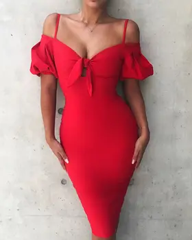 

Wholesale 3 ColorsWomen Summer Sexy Puff Sleeve White Black Red Thick Rayon Bandage Dress 2018 Ladies Elegant Party Dress