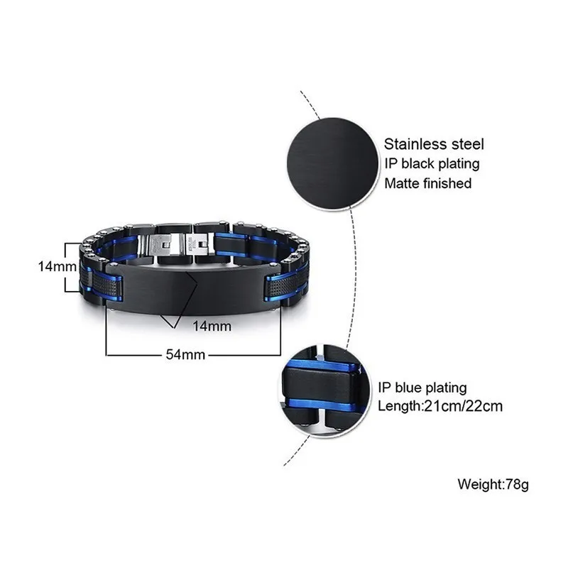 Мужские Панк тяжелые 316L браслеты из нержавеющей стали Персонализированная гравировка ID бар запястье черный звено цепи с синими линиями