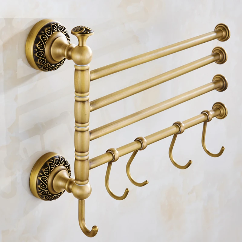 Free Shiping Antique Brass Rotate Bath Towel Bars with Hooks Wall