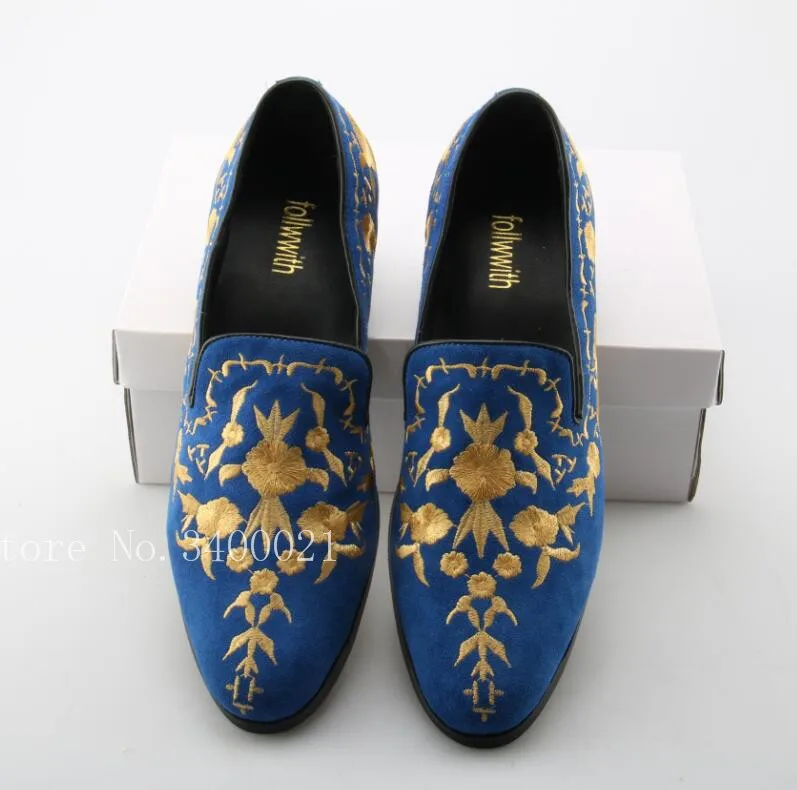 

New Gold Embroidery Floral Round Toe Men Loafers Slip On Luxury Design Blue Suede Flats Square Heel Shoes Men Sapatos
