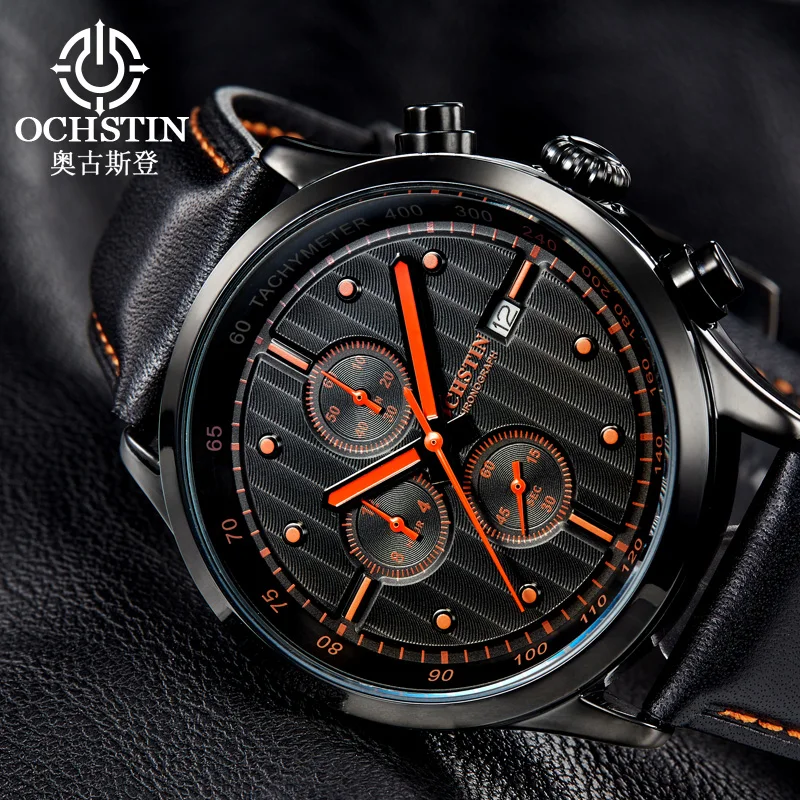 

OCHSTIN Brand New Fashion Casual Man Male Chronograph Clock Military Army Sport Leater Strap Luxury Wrist Quartz Watch GQ042