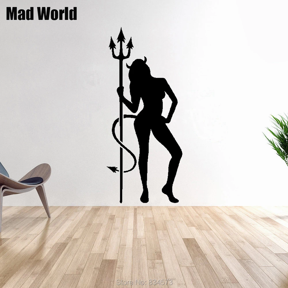 Mad World Girl Woman Horn Devil Tail Silhouette Wall Art Stickers Wall Decal Home Diy Decoration