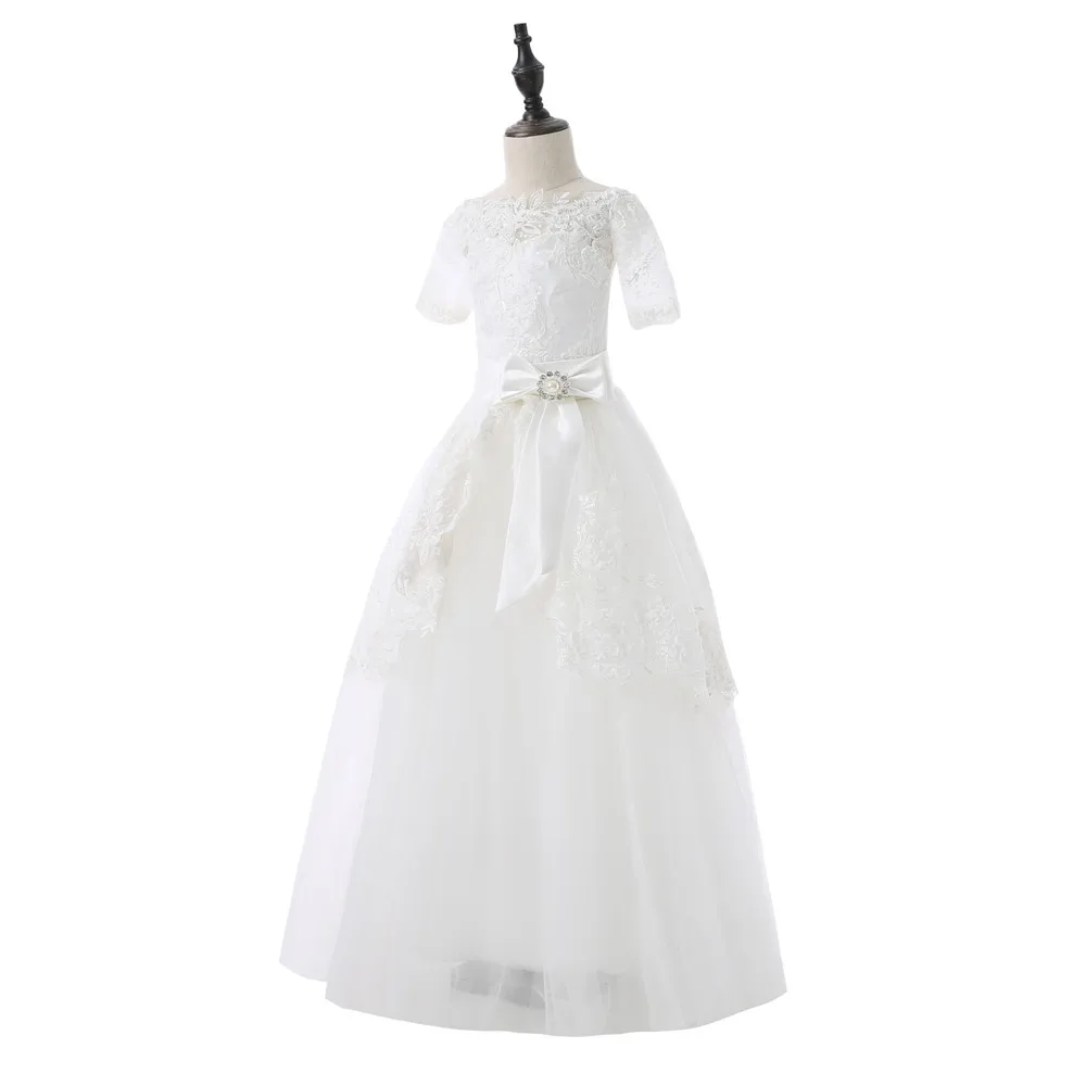 2019 Платья с цветочным узором для девочек на свадьбу, бальное платье, фатиновые Аппликации, кружевные платья с бантом для первого причастия