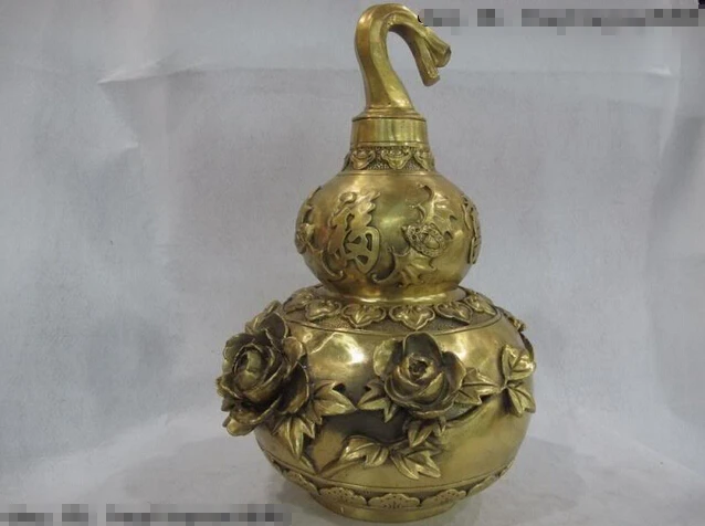 

song voge gem S0425 Chinese Brass Copper FengShui Peony flower open Wealth Pot Vase Gourd cucurbit