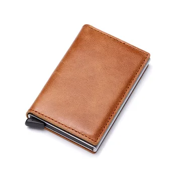 

RFID Blocking Automatic Pop Up Aluminum Women Men Credit Card Holder Case Slim Crazy Horse Genuine Leather Wallet Purse M1-2