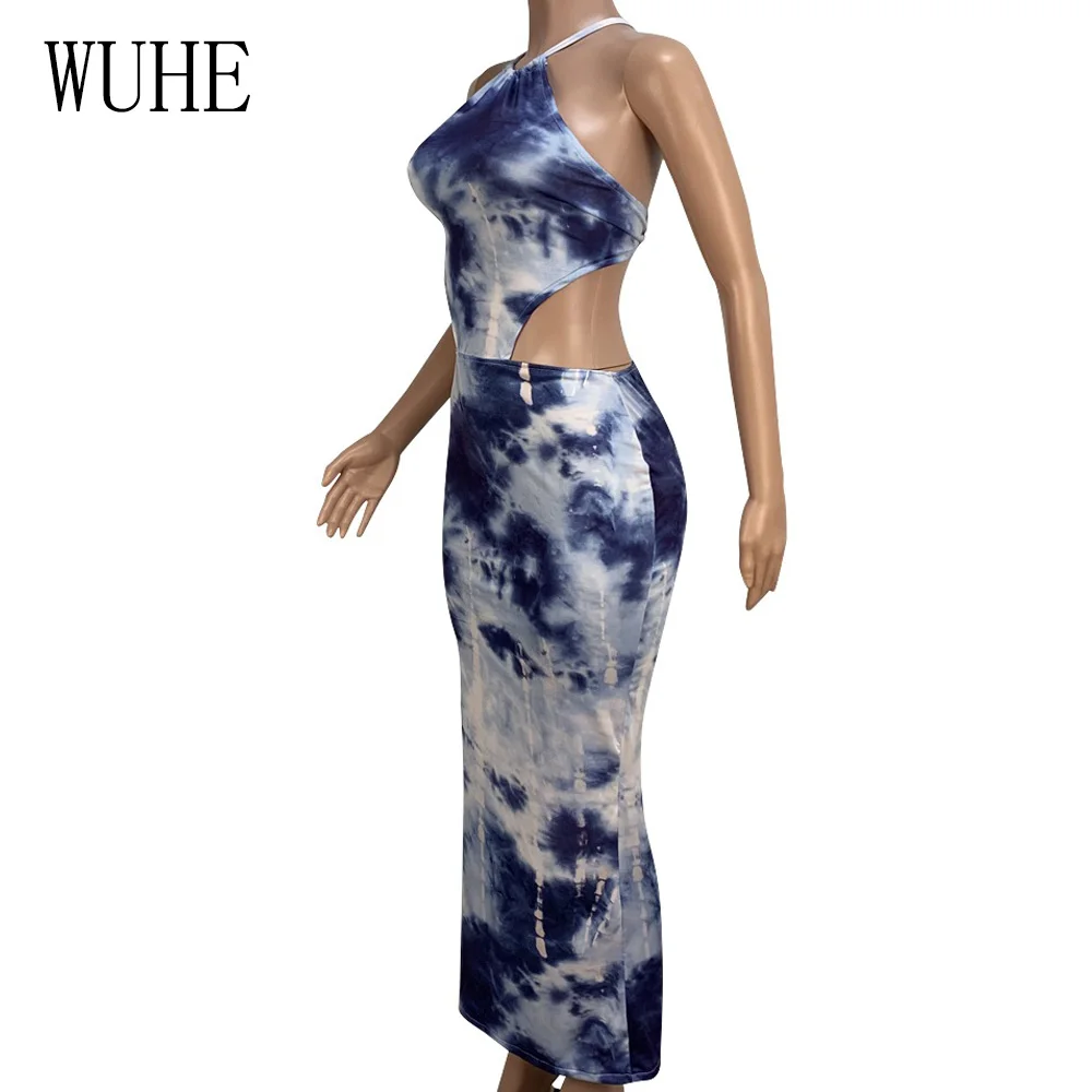 WUHE Summer Vintage Tie-dyed Printed Halter Party Maxi Dress Elegant Sleeveless Back Lace-up Bodycon Pencil Women Dresses