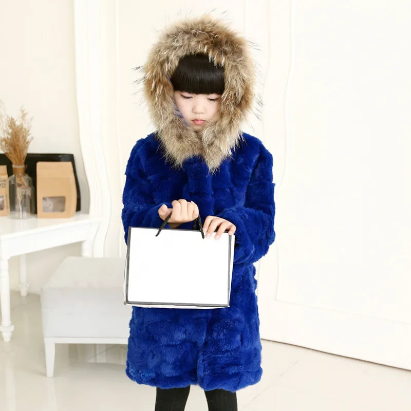 

Children Real Rabbit Fur Coat Autumn Winter Baby Thick Warm Fur Clothes Girls Solid bule Long Coat whith Racoon Fur Collar C#23