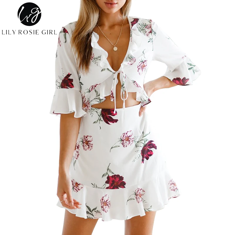 Lily Rosie/белое платье с оборками короткий рукав клеш женское мини Vestidos сексуальное v