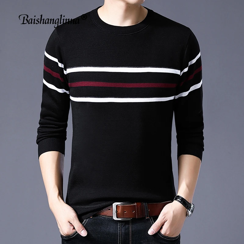 Baishanglinna 2018 New Winter Fashion Brand Casual Sweater O-Neck Striped Slim Fit Knitting Men Sweaters Warm Pullovers 18111