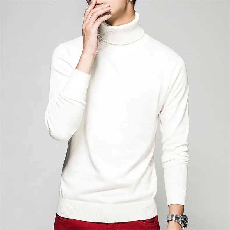 Turtleneck Men Sweaters Pullovers Cotton High Neck knitted Sweater Jumpers Autumn Winter Knitwear Male Red Balck Red Navy White-05