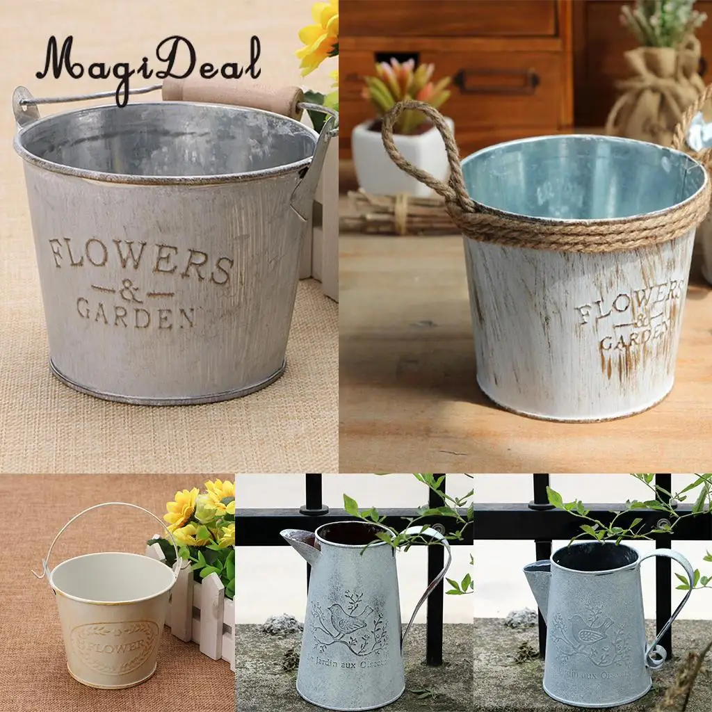 

Vintage Metal Tin Flower Bucket Plants Herb Pot Tabletop Vases Container Watering Can with Handle Home Garden Hanging Decor