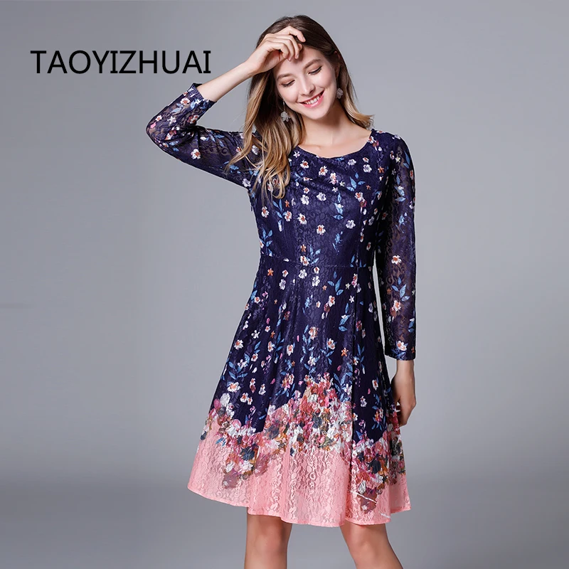 

TAOYIZHUAI 2019 New Arrival Spring High Street Plus Size 100% Spandex Short & Full Length Draped Floral Lace Dress Women 11668