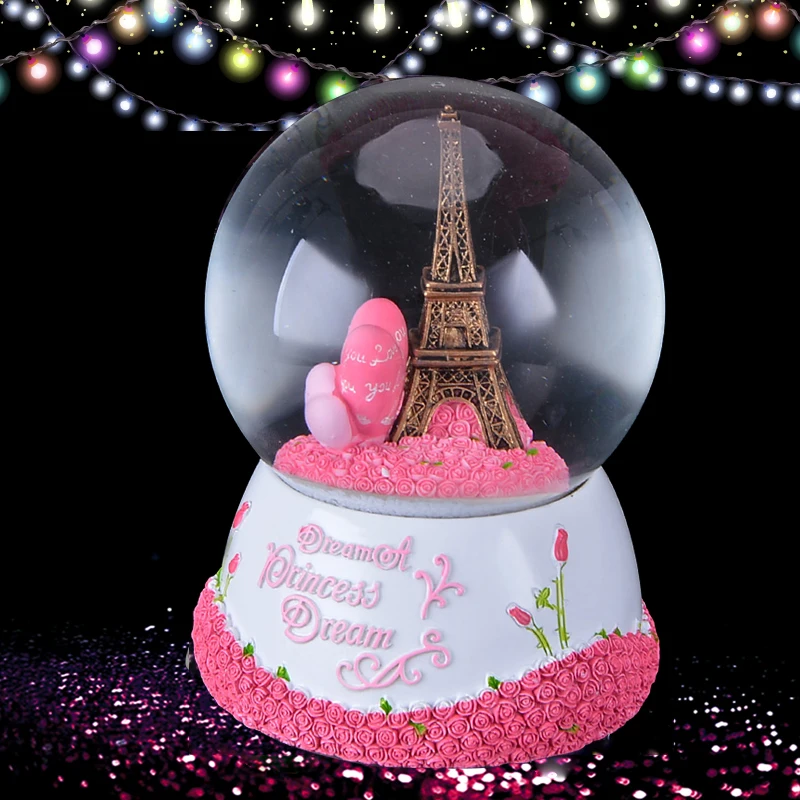 100mm Water Globe B-Sliver Red Copper Nice Pies Paris Eiffel Tower Snow Globe Retro Music Box with Colorful Lights Automatic Snowflake Top Decoration Souvenirs Collection