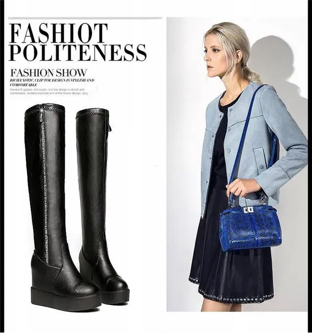 

Over-the-knee boots and velvet heightening boots children's autumn and winter zipper stretch boots female high-heeled wedge