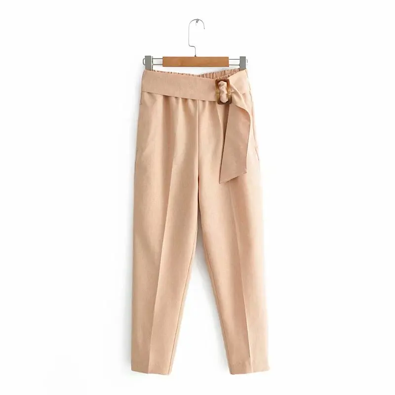 Женские модные льняные брюки с декоративной пряжкой и эластичным поясом, одежда для офиса, шикарные брюки, женские уличные брюки P331 - Цвет: as pic P331XQJ