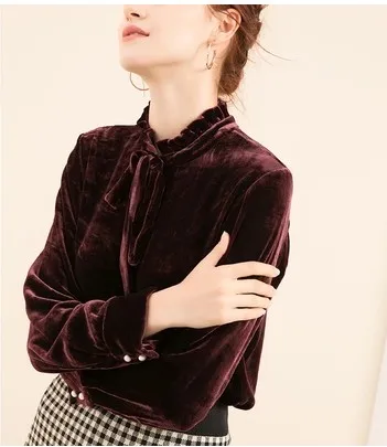 

Fashionable and luxurious silk velvet wavy collar and tie shirt mulberry silk slim shirt